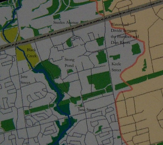 Watershed Divide between the Humber and Don Rivers as mapped by the Toronto Region Conservation Authority. The watershed divide has moved a considerable distance to the east and is in fact a sewershed divide. Detail from map entitled Which watershed do you live in? produced by the Toronto Region Conservation Authority, no date 