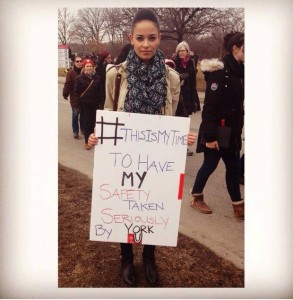 A student uses the York's "This is my time" slogan to challenge the University to stand with survivors and end rape culture on campus.