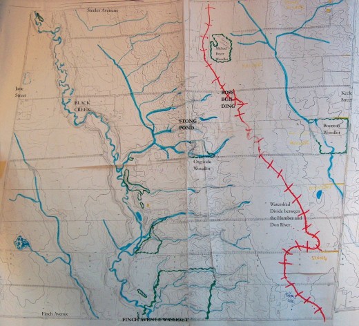 Watershed divide between the Humber and Don Rivers in the 1950s before the university was developed. Topographic map and sketches courtesy of Helen Mills, founder of Lost Rivers Walks.