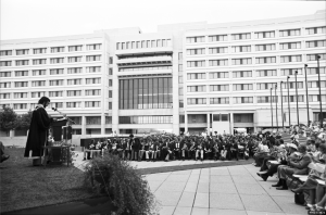 Convocation held on the Ross terrace some time in the 1970s. The podium is located against the wall of the Scott Library and the west side of the Ross Building is in the background. Photo courtesy of York University Libraries, Clara Thomas Archives and Special Collection (?), ASC 19503. NEED F#